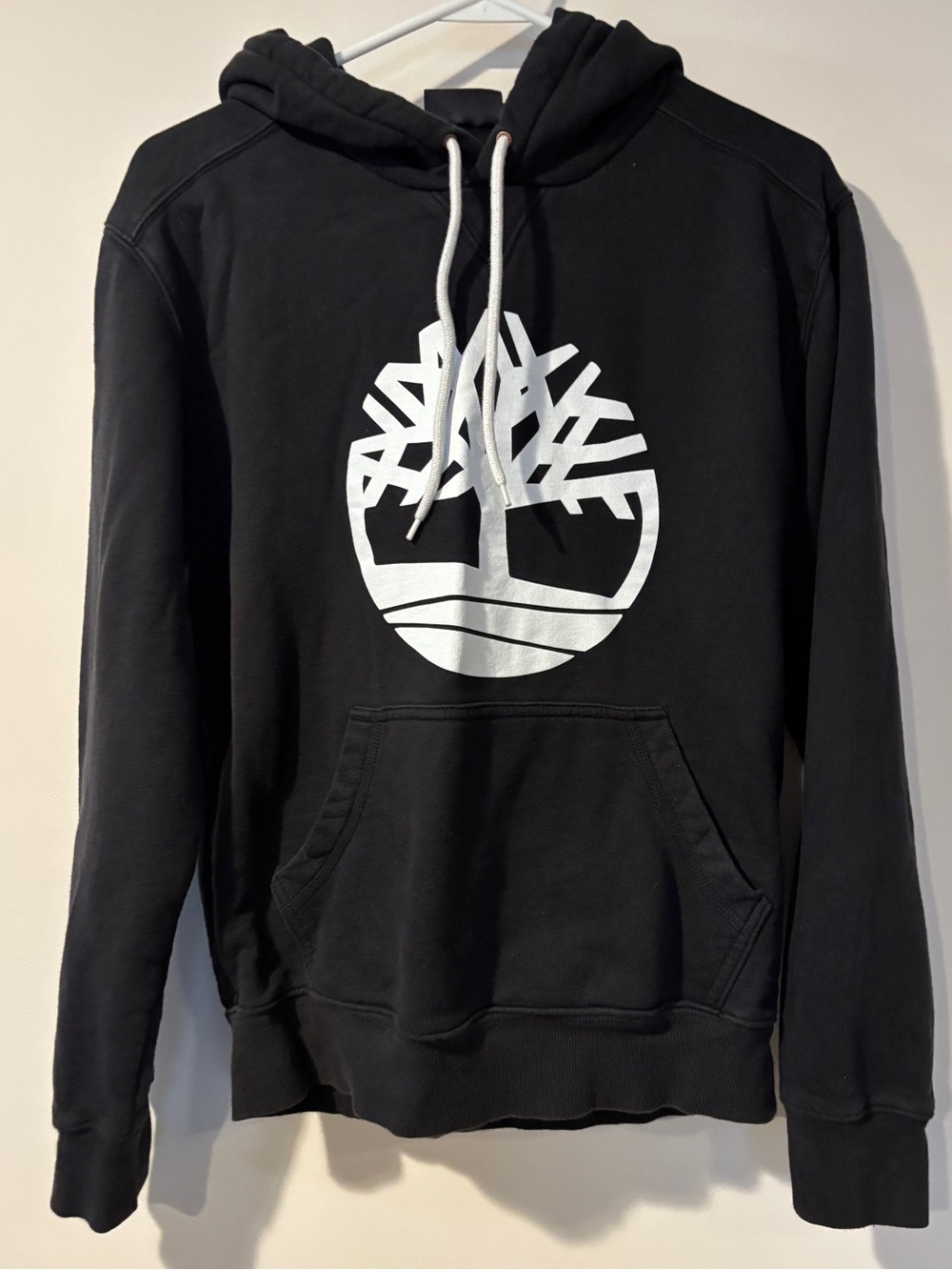 Timberland Men’s Black Pullover Hoodie with White Logo Size Small